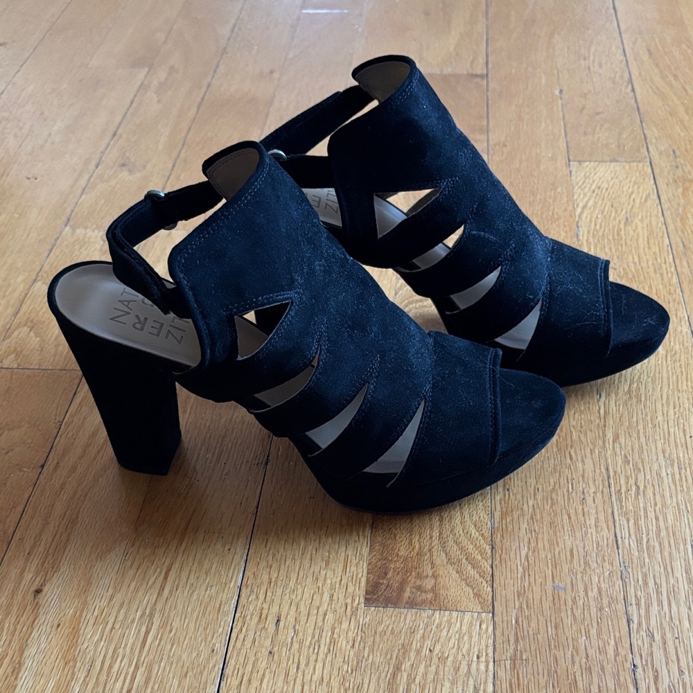 Naturalizer Black Suede Cutout Slingback Block Heel Sandals